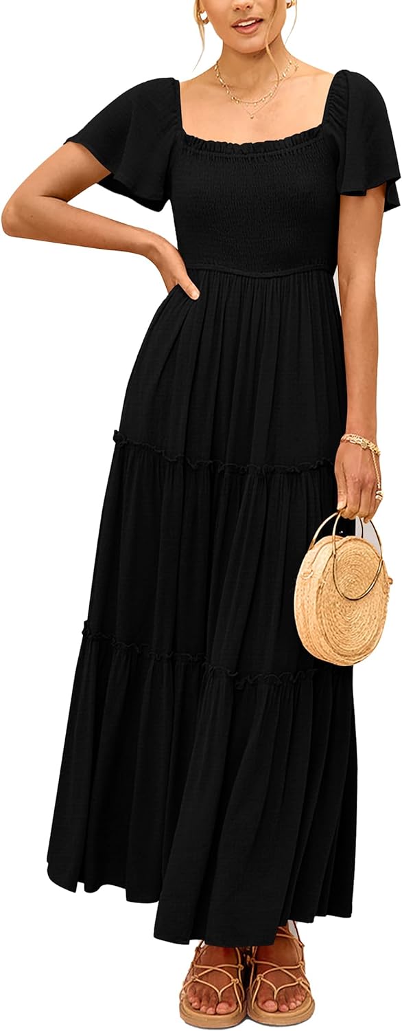 PRETTYGARDEN Women' Summer Maxi Dress Short Sleeve Square Neck Smocked Tiered Ruffle Long Flowy Boho Dresses with Pockets