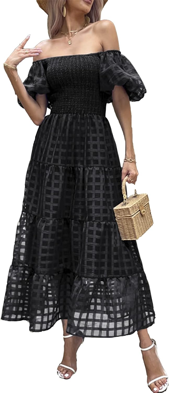 PRETTYGARDEN Women' Casual Summer Midi Dress Puffy Short Sleeve Square Neck Smocked Tiered Ruffle Dresses