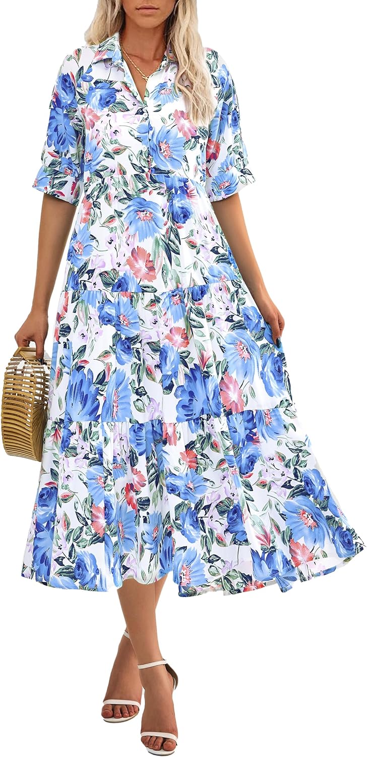 PRETTYGARDEN Summer Dress for Women Short Sleeve Button Up Ruffle A Line Flowy Maxi Dresses