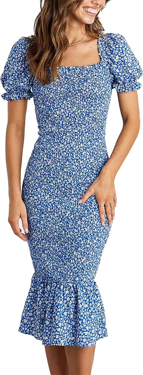 PRETTYGARDEN Women' Summer Floral Midi Bodycon Dresses Short Puff Sleeve Square Neck Ruffle Hem Mermaid Cocktail Dress