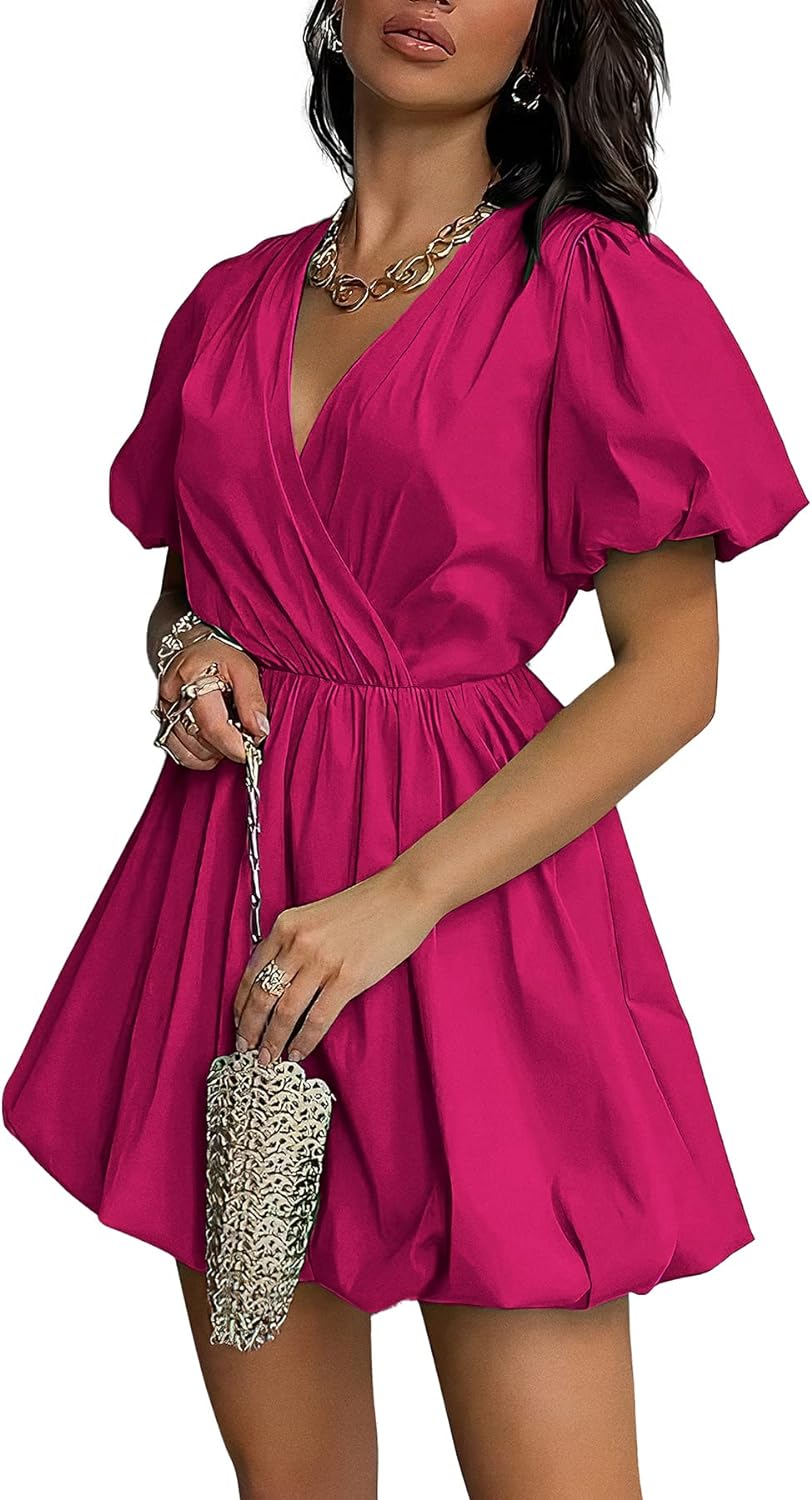 PRETTYGARDEN Women' Short Summer Dresses Casual Puffy Sleeve Wrap V Neck Ruffle Solid Color Flare Dress