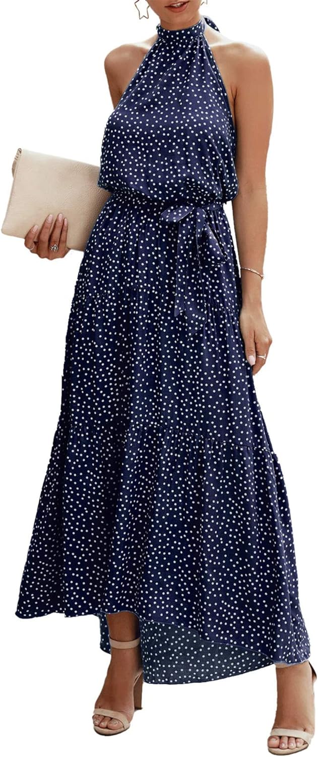 PRETTYGARDEN Womens Casual Halter Neck Sleeveless Floral Long Maxi Dress Backless Loose Ruffle Sundress with Belt