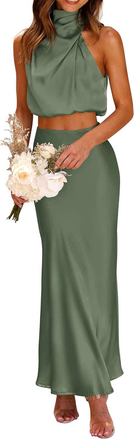 PRETTYGARDEN Women' 2 Piece Satin Outfits Summer Sleeveless Mock Neck Crop Tops And Long Skirt Dress Sets