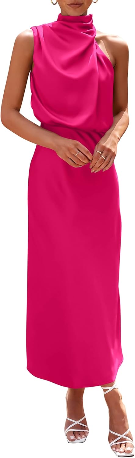 PRETTYGARDEN Women' 2024 Summer Satin Dress Elegant Sleeveless Mock Neck Cocktail Party Maxi Dresses