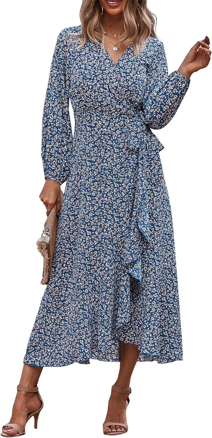 PRETTYGARDEN Women' Long Sleeve Vintage Flowy Dress Floral Print V-Neck Maxi Dresses with Belt