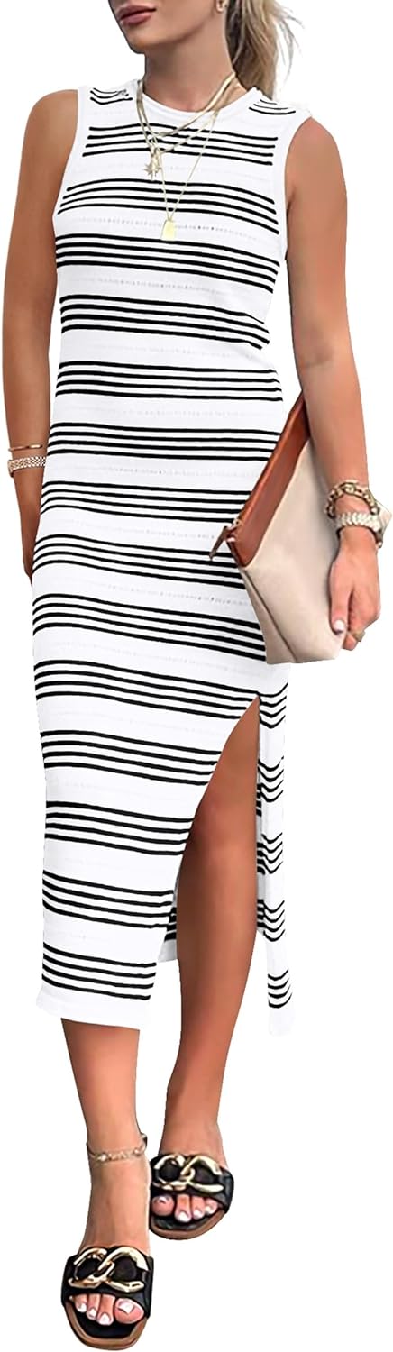 PRETTYGARDEN Women' Summer Bodycon Sundresses Casual Midi Sleeveless Hollow Out Knit Side Slit Striped Long Tank Dress