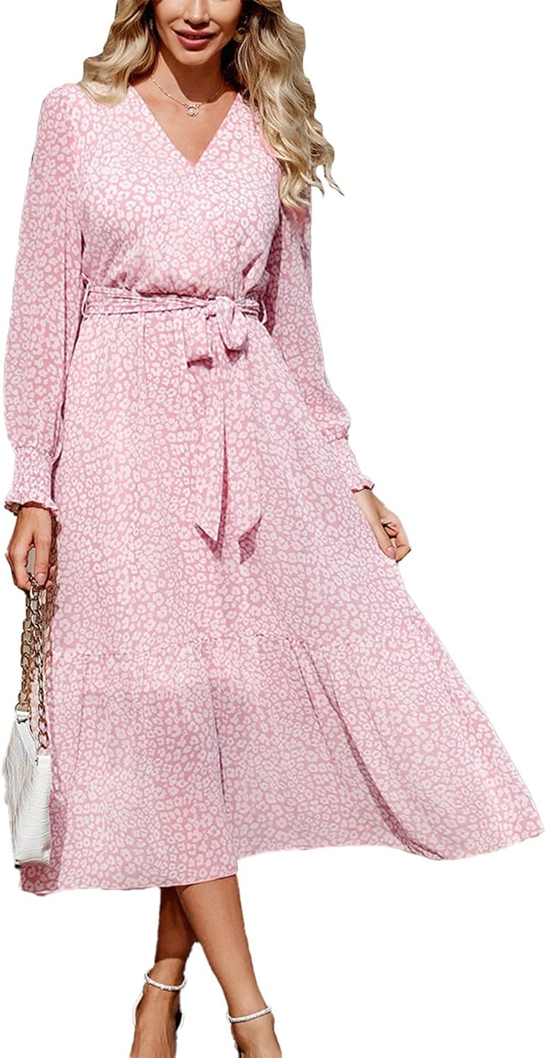 PRETTYGARDEN Women' Floral Print Boho Dress Long Sleeve Wrap V Neck Ruffle Belted A-Line Flowy Maxi Dresses