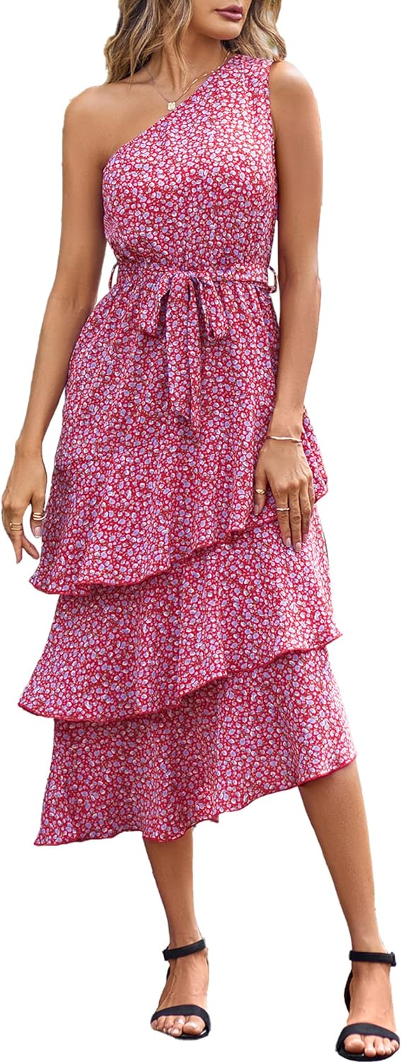 PRETTYGARDEN Women' Summer Floral Sundress Casual One Shoulder Tiered Ruffle Flowy Midi Beach Boho Dresses