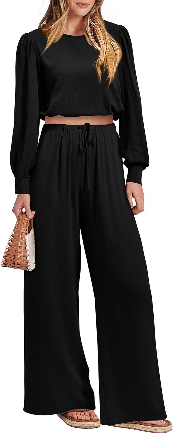 PRETTYGARDEN Women' 2023 Fall Two Piece Outfits Long Sleeve Crop Tops Wide Leg Pants Pockets Casual Linen Tracksuits Sets