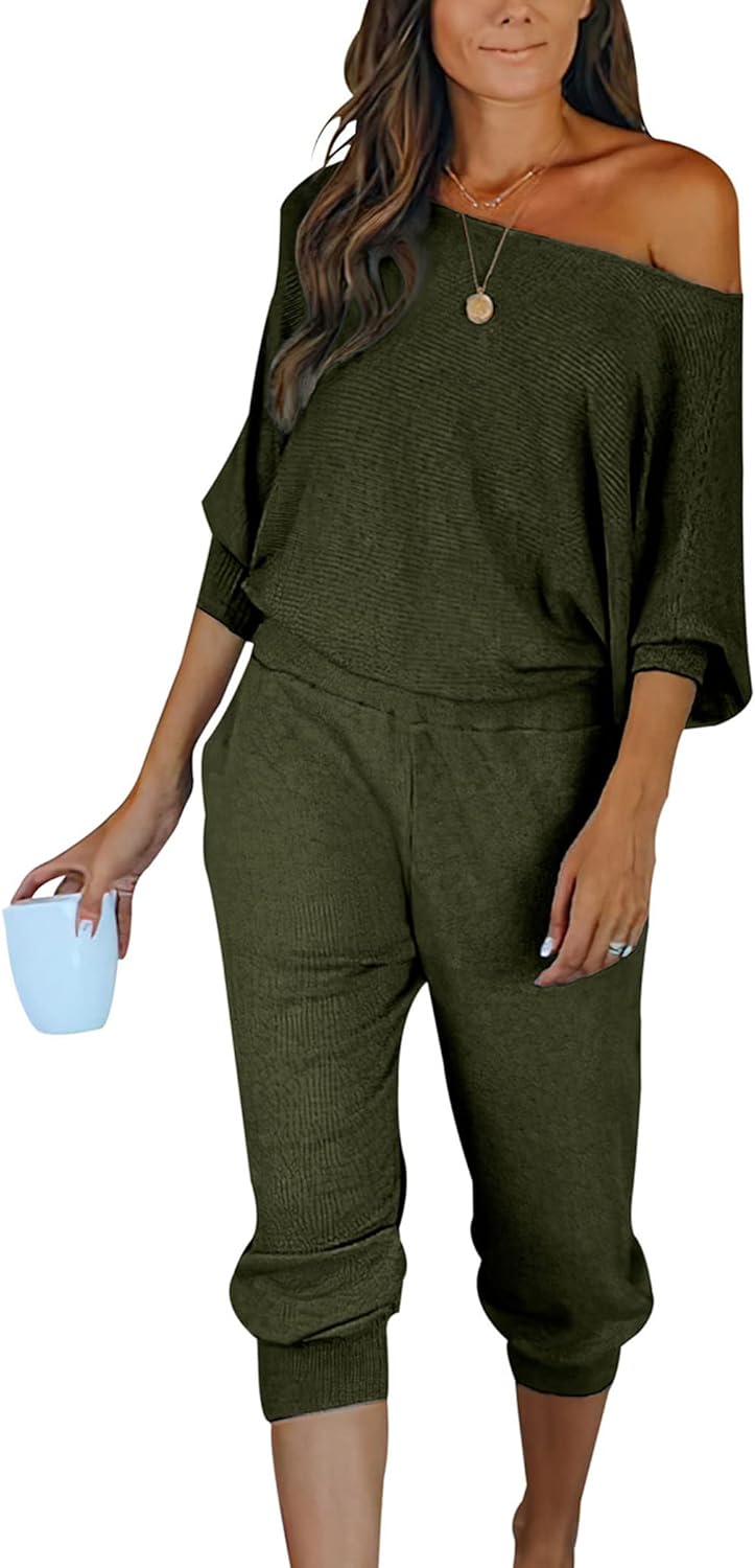 PRETTYGARDEN Women' 2 Piece Ribbed Tracksuit Outfits Off Shoulder Long Sleeve Pullover Lounge Pants with Pockets