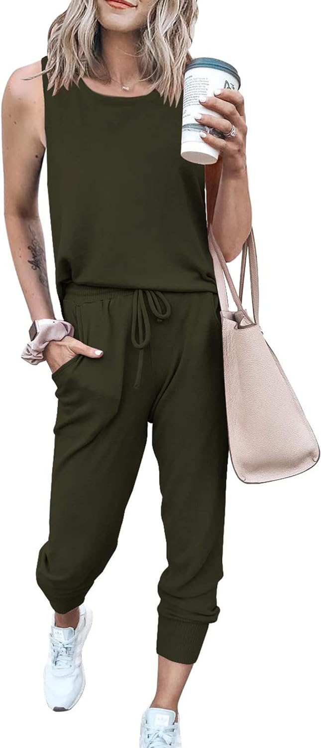 PRETTYGARDEN Women' Two Piece Outfit Sleeveless Crewneck Tops with Sweatpants Active Tracksuit Lounge Wear