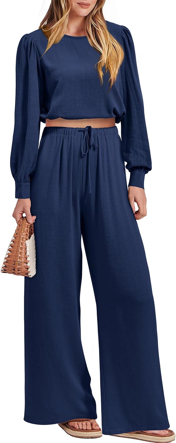 PRETTYGARDEN Women' 2023 Fall Two Piece Outfits Long Sleeve Crop Tops Wide Leg Pants Pockets Casual Linen Tracksuits Sets