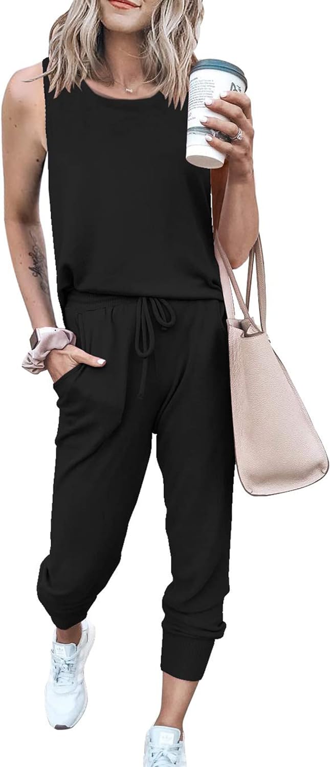 PRETTYGARDEN Women' Two Piece Outfit Sleeveless Crewneck Tops with Sweatpants Active Tracksuit Lounge Wear