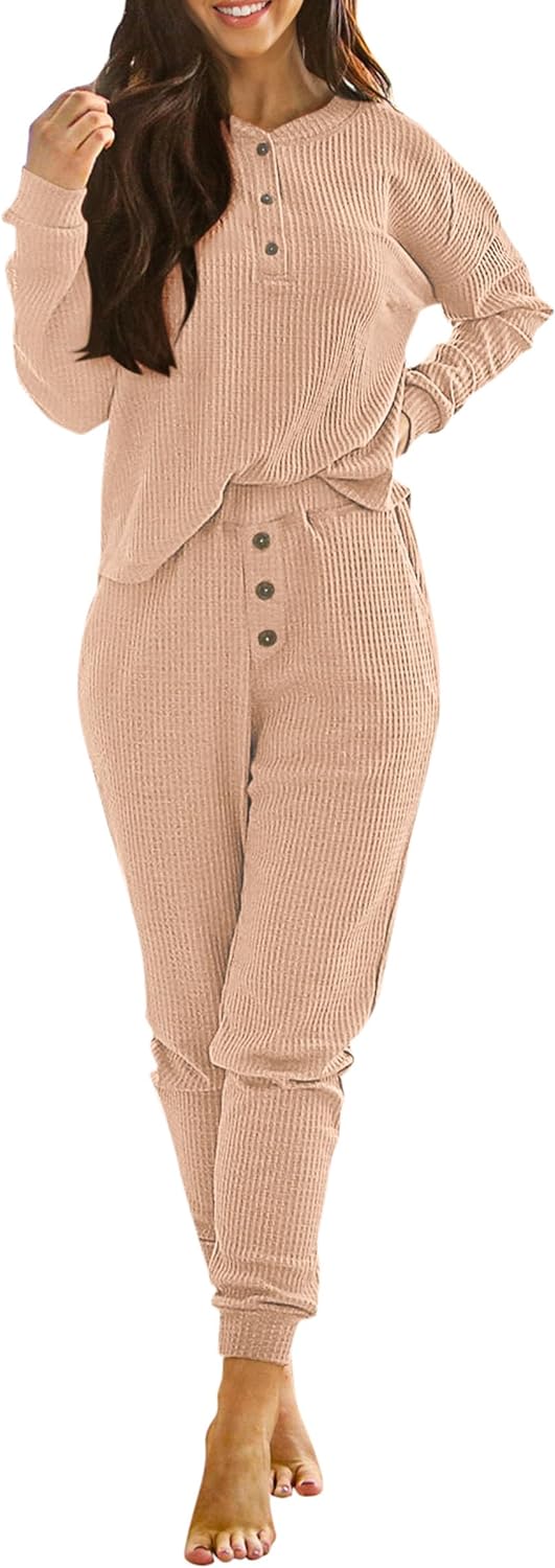 PRETTYGARDEN Women' 2 Piece Waffle Knit Lounge Outfit Long Sleeve Henley Top and Sweatpants Set Tracksuit