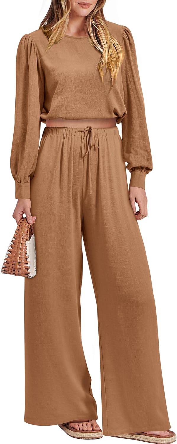 PRETTYGARDEN Women' 2023 Fall Two Piece Outfits Long Sleeve Crop Tops Wide Leg Pants Pockets Casual Linen Tracksuits Sets