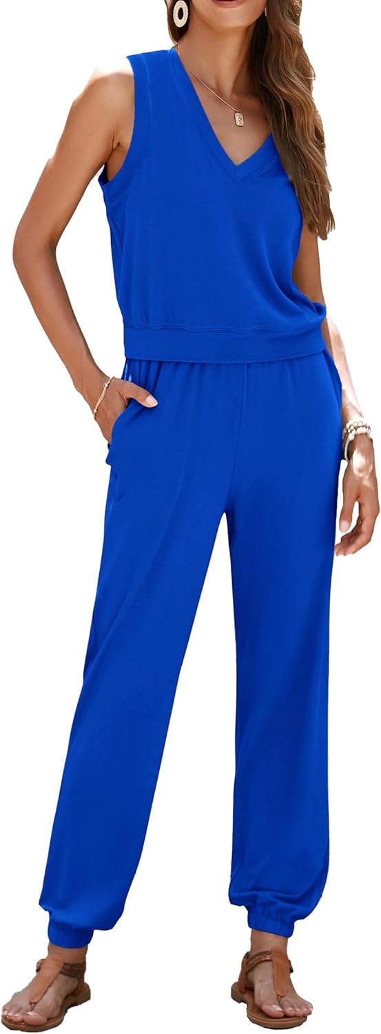 PRETTYGARDEN Women' Summer 2 Piece Tracksuit V Neck Tank Top Jogger Sweatpants Set Casual Lounge Outfits