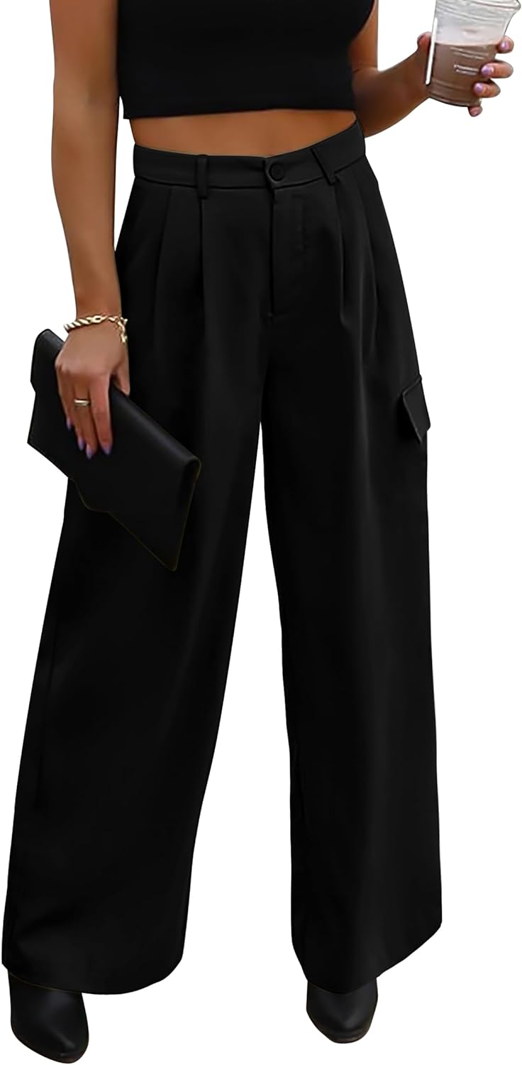 PRETTYGARDEN Women' Wide Leg Cargo Pants High Waist Business Casual Trousers Pant with Pockets