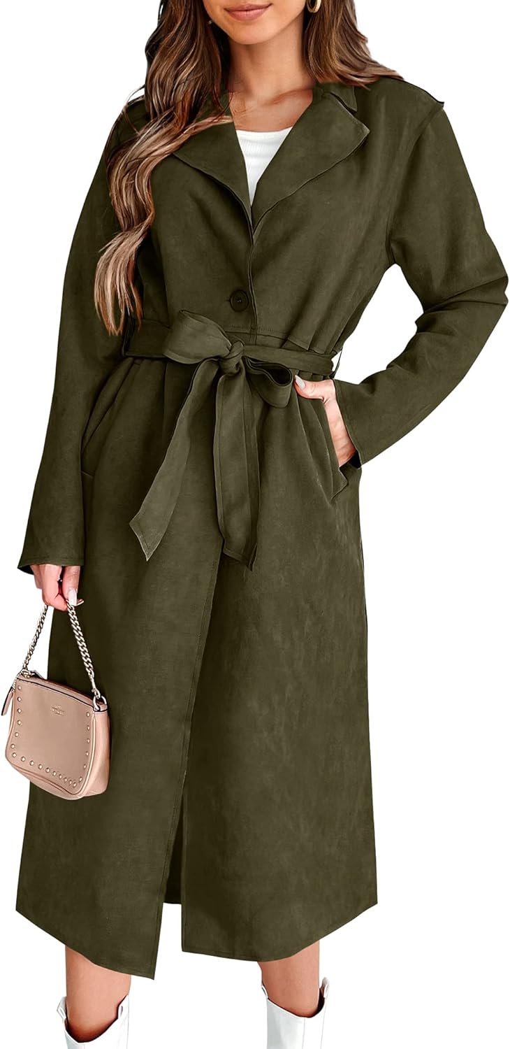 PRETTYGARDEN Women' Fall Fashion Overcoat Faux Suede Shacket Jacket Lapel Belted Long Winter Trench Coats