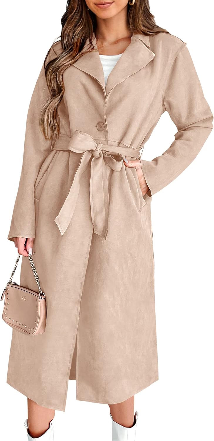 PRETTYGARDEN Women' Fall Fashion Overcoat Faux Suede Shacket Jacket Lapel Belted Long Winter Trench Coats