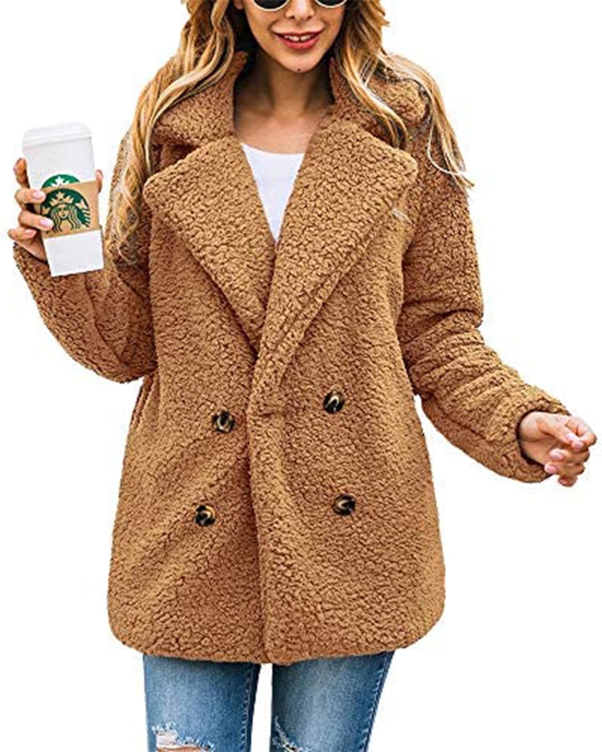 PRETTYGARDEN Women' Fashion Winter Coat Long Sleeve Lapel Zip Up Faux Shearling Shaggy Oversized Shacket Jacket