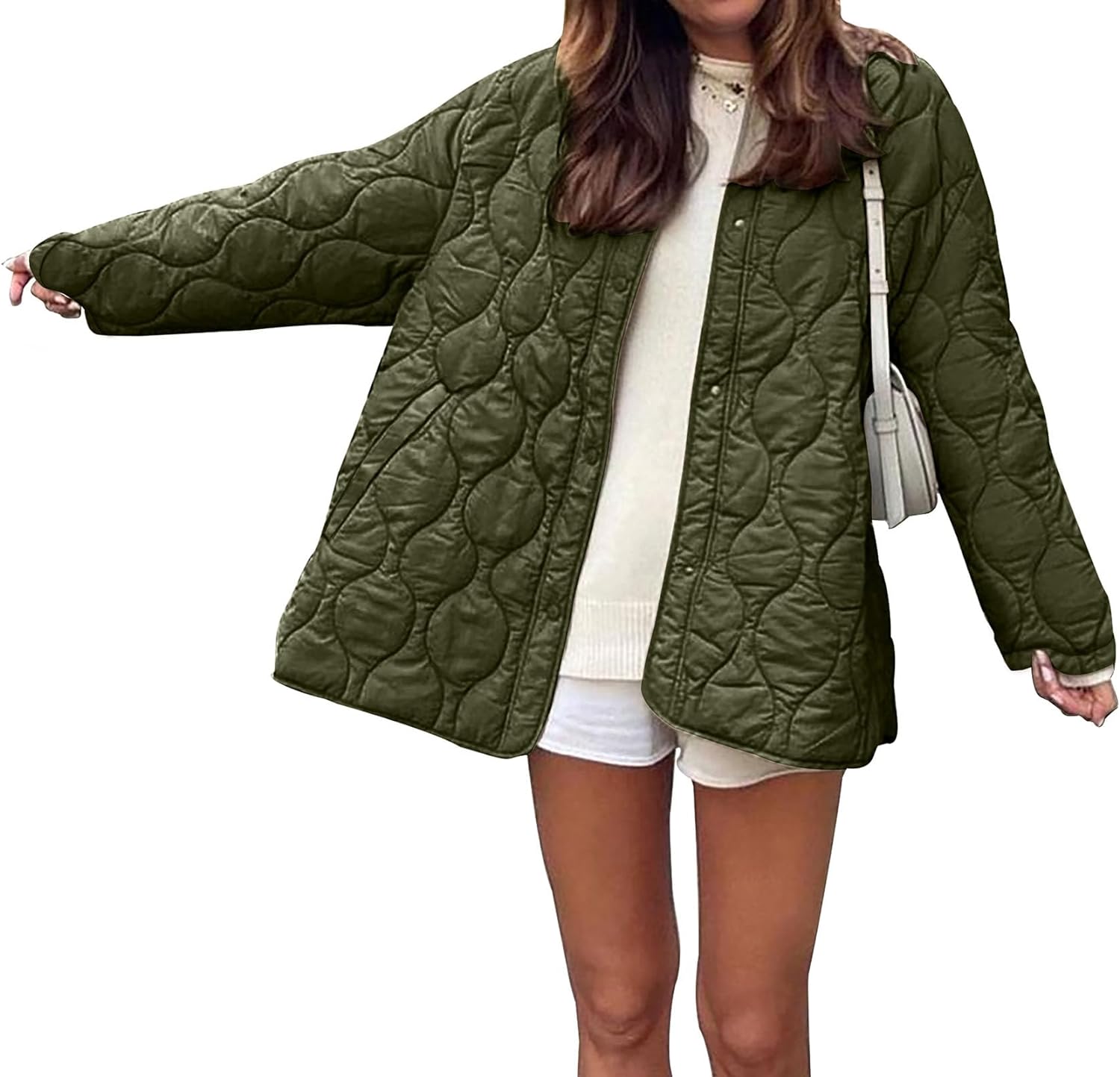 PRETTYGARDEN Women' Fall Clothes Fashion Quilted Bomber Jacket Casual Oversized Button Down Winter Coat Outerwear