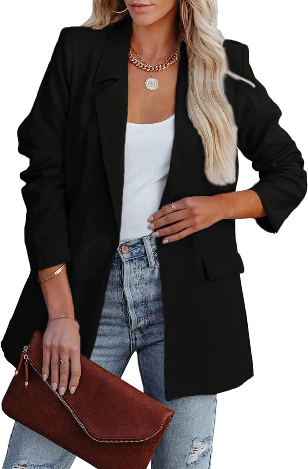 PRETTYGARDEN Women' Casual Blazers Long Sleeve Open Front Button Work Office Blazer Jackets with Pockets