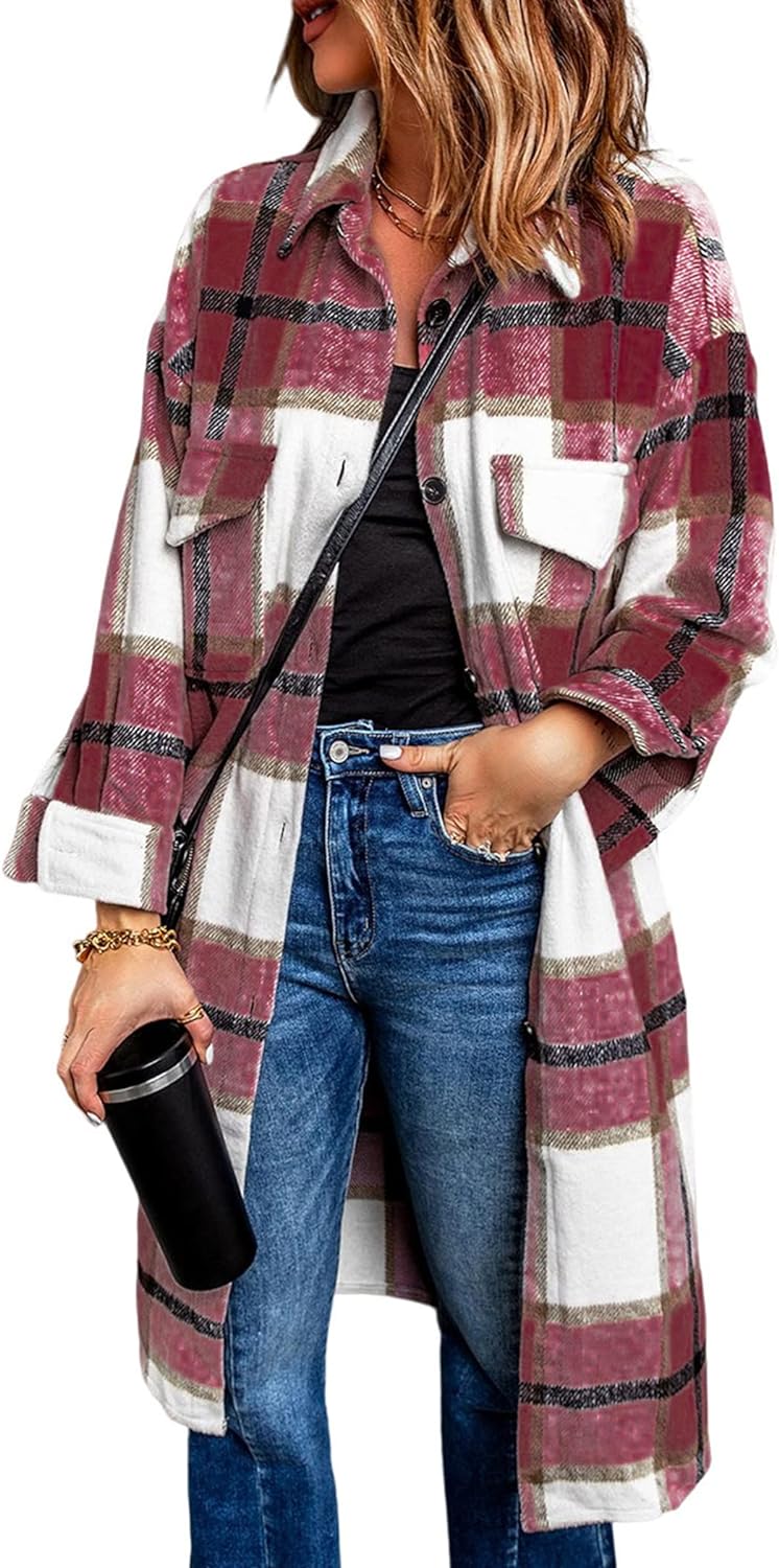 PRETTYGARDEN Women' 2024 Plaid Shacket Jacket Long Sleeve Button Down Shirts Fashion Winter Wool Coats