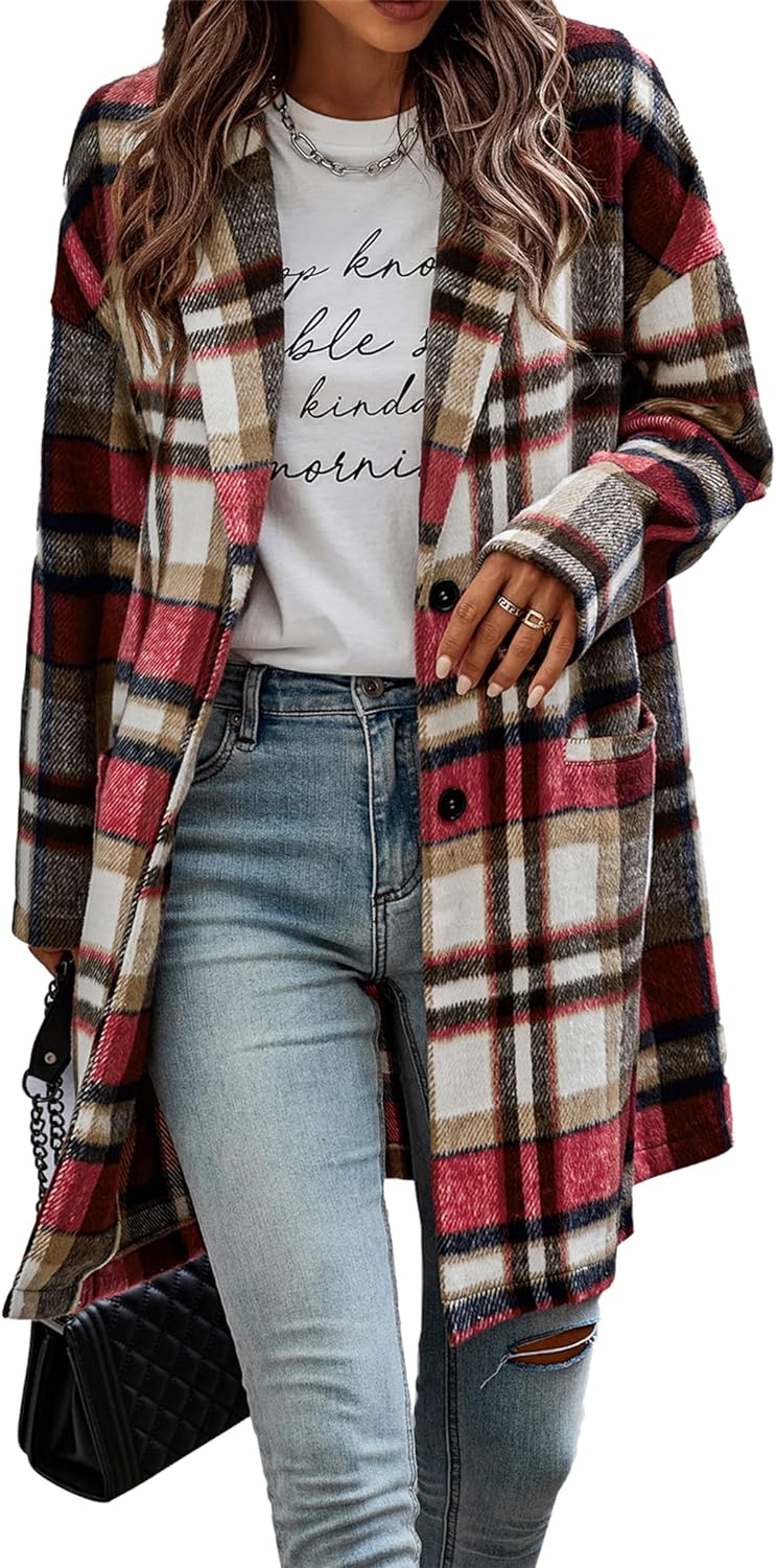 PRETTYGARDEN Women' 2024 Plaid Shacket Jacket Casual Button Wool Blend Winter Tartan Trench Coat With Pockets