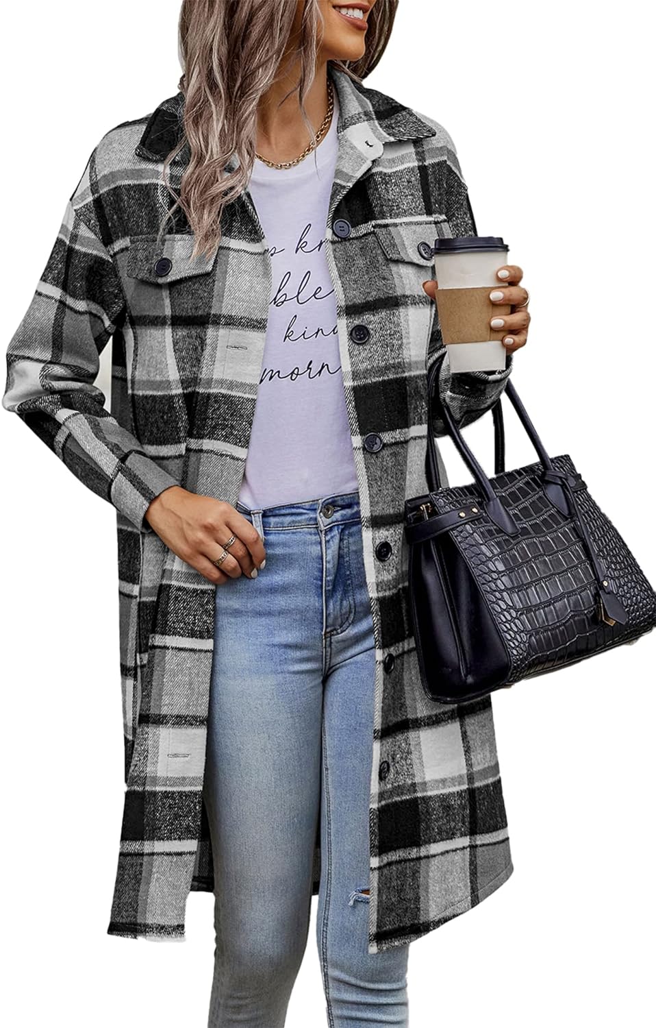 PRETTYGARDEN Women' Plaid Shacket 2024 Long Sleeve Button Up Flannel Shirt Winter Tartan Jacket Woolen Coats