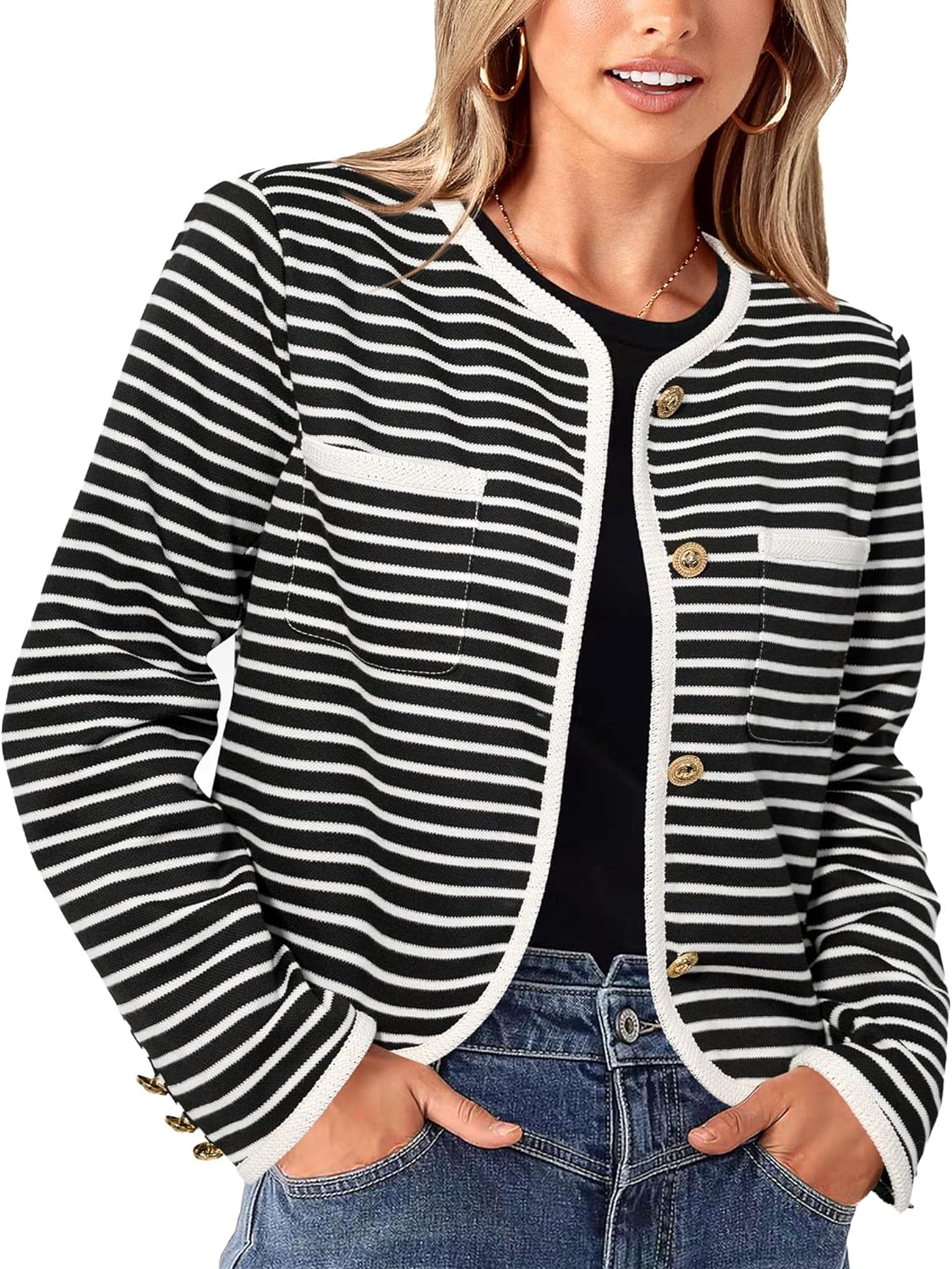 PRETTYGARDEN Women' Striped Cardigan Jacket Casual Long Sleeve Knit Button Down Shirts Fall Winter Outerwear