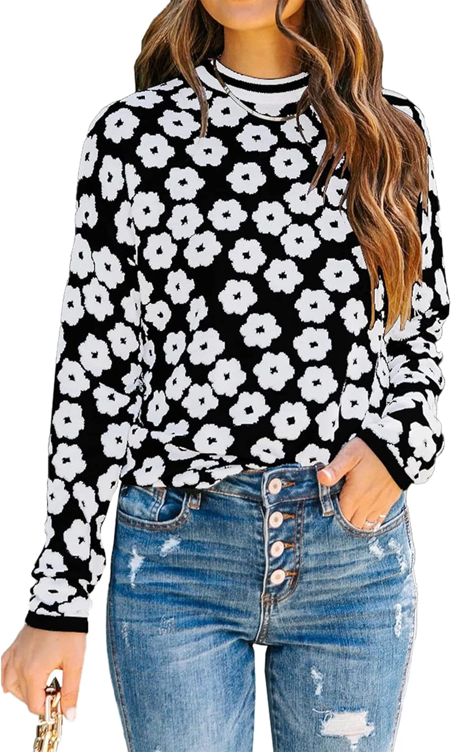 PRETTYGARDEN Women' Knit Sweater Casual Crewneck Long Sleeve Floral Print Lightweight Pullover Sweatshirt