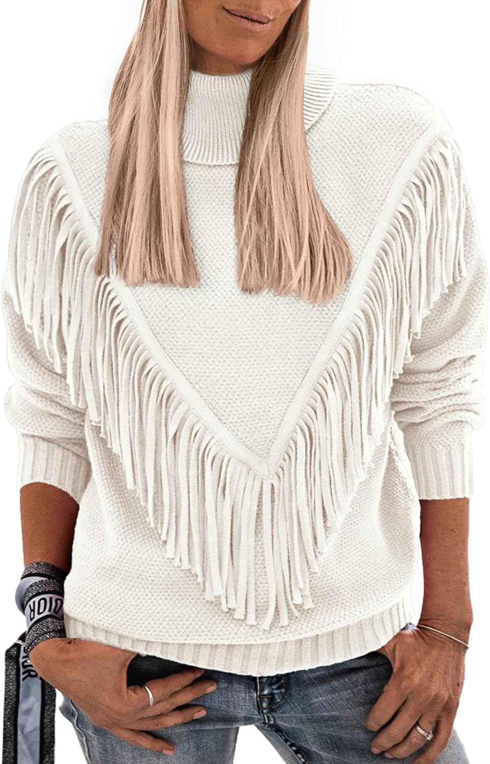 PRETTYGARDEN Women' 2024 Fall Knit Pullover Sweaters Long Sleeve Turtleneck Fringe Jumper Tops Blouse