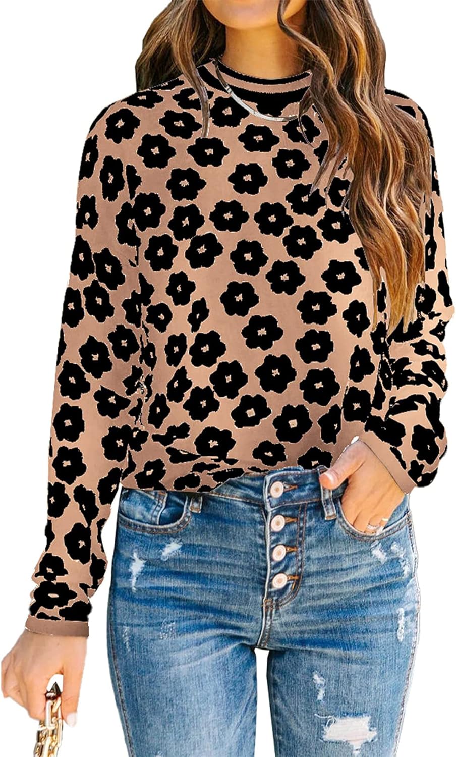 PRETTYGARDEN Women' Knit Sweater Casual Crewneck Long Sleeve Floral Print Lightweight Pullover Sweatshirt