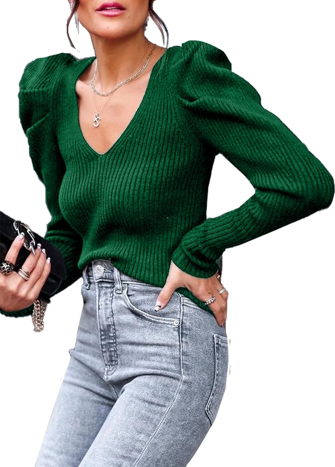 PRETTYGARDEN Women' Rib Knit Pullover Sweater Casual Long Puff Sleeve V Neck Solid Color Jumper Blouse Tops