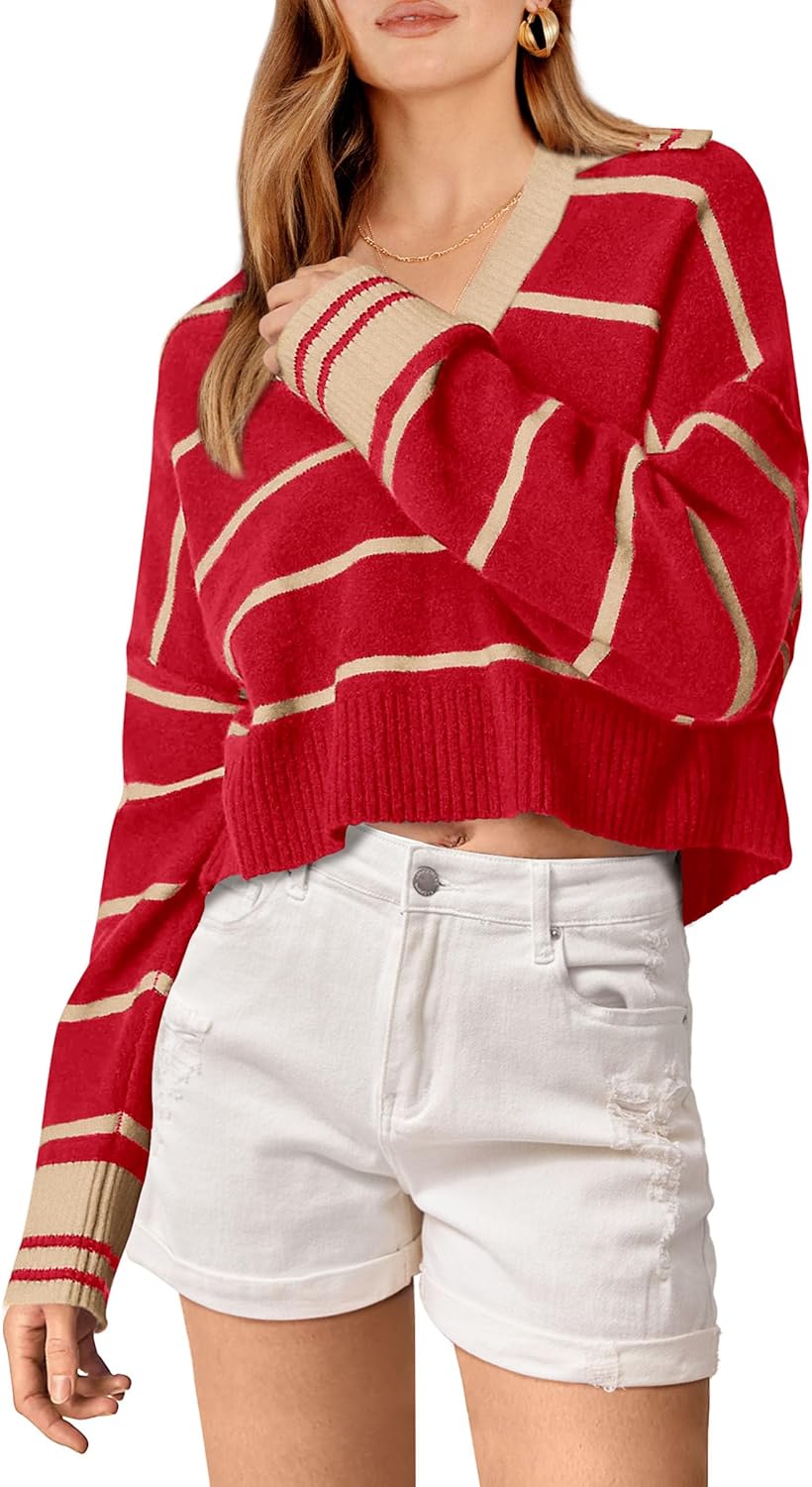 PRETTYGARDEN Women' Pullover Striped Sweaters Casual Lapel V Neck Long Sleeve Ribbed Knit Loose Jumper Top