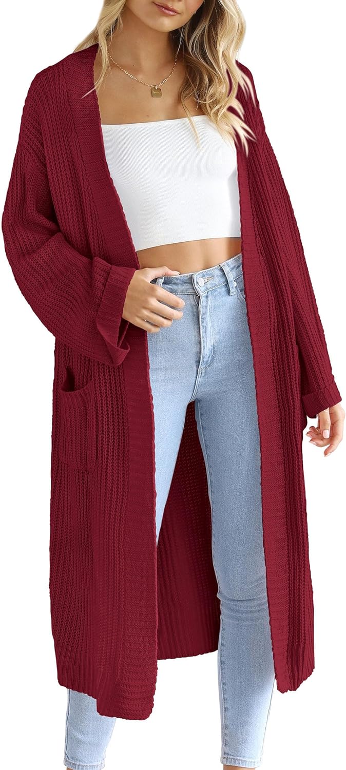 PRETTYGARDEN Women' Winter Long Cardigan Sweaters Open Front Long Sleeve Loose Fit Pockets Knit Sweater Coat Outerwear