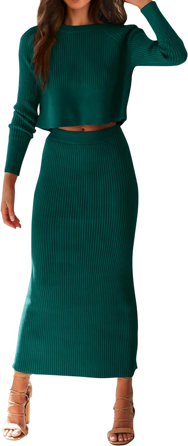 PRETTYGARDEN Women' Winter 2 Piece Sweater Set Rib Knit Long Sleeve Crop Top Maxi Bodycon Skirt Casual Outfits