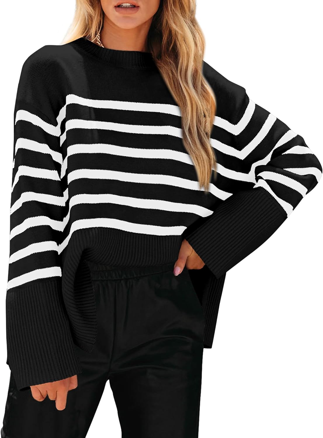 PRETTYGARDEN Women' 2023 Fall Striped Sweater Oversized Long Sleeve Crew Neck Side Slit Casual Trendy Knit Pullover Sweaters