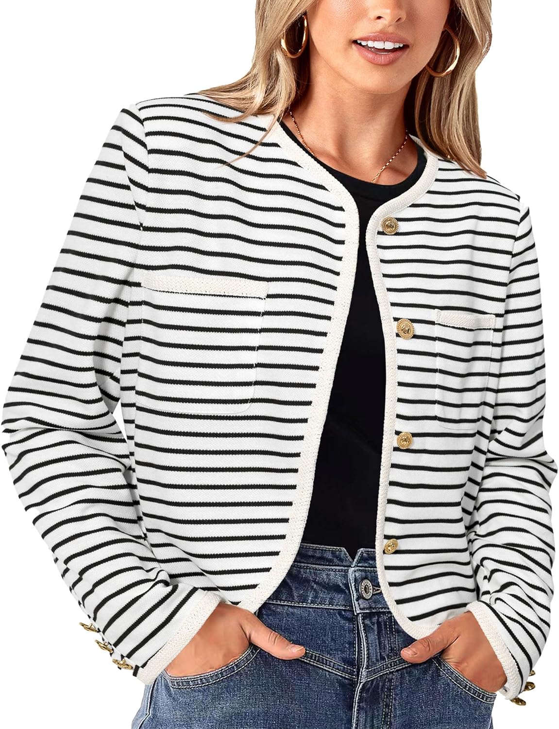 PRETTYGARDEN Women' Striped Cardigan Jacket Casual Long Sleeve Knit Button Down Shirts Fall Winter Outerwear