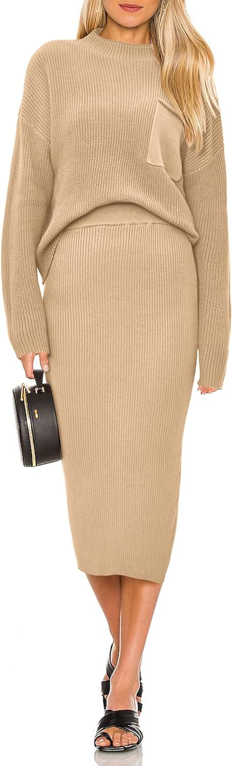 PRETTYGARDEN Womens 2023 Fall Two Piece Outfits Ribbed Knit Long Sleeve Pullover Sweater And Bodycon Midi Skirt Sets