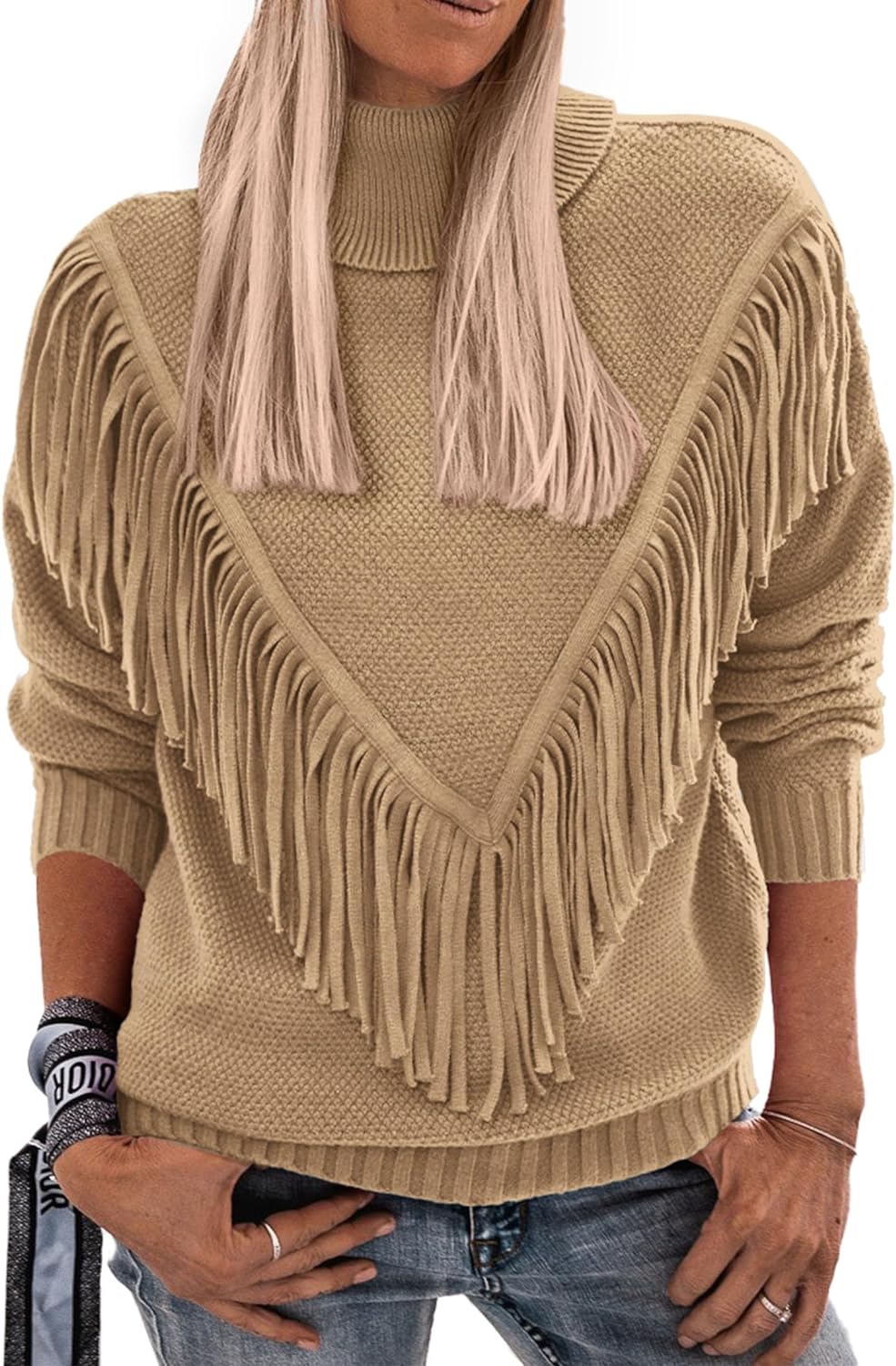 PRETTYGARDEN Women' 2024 Fall Knit Pullover Sweaters Long Sleeve Turtleneck Fringe Jumper Tops Blouse