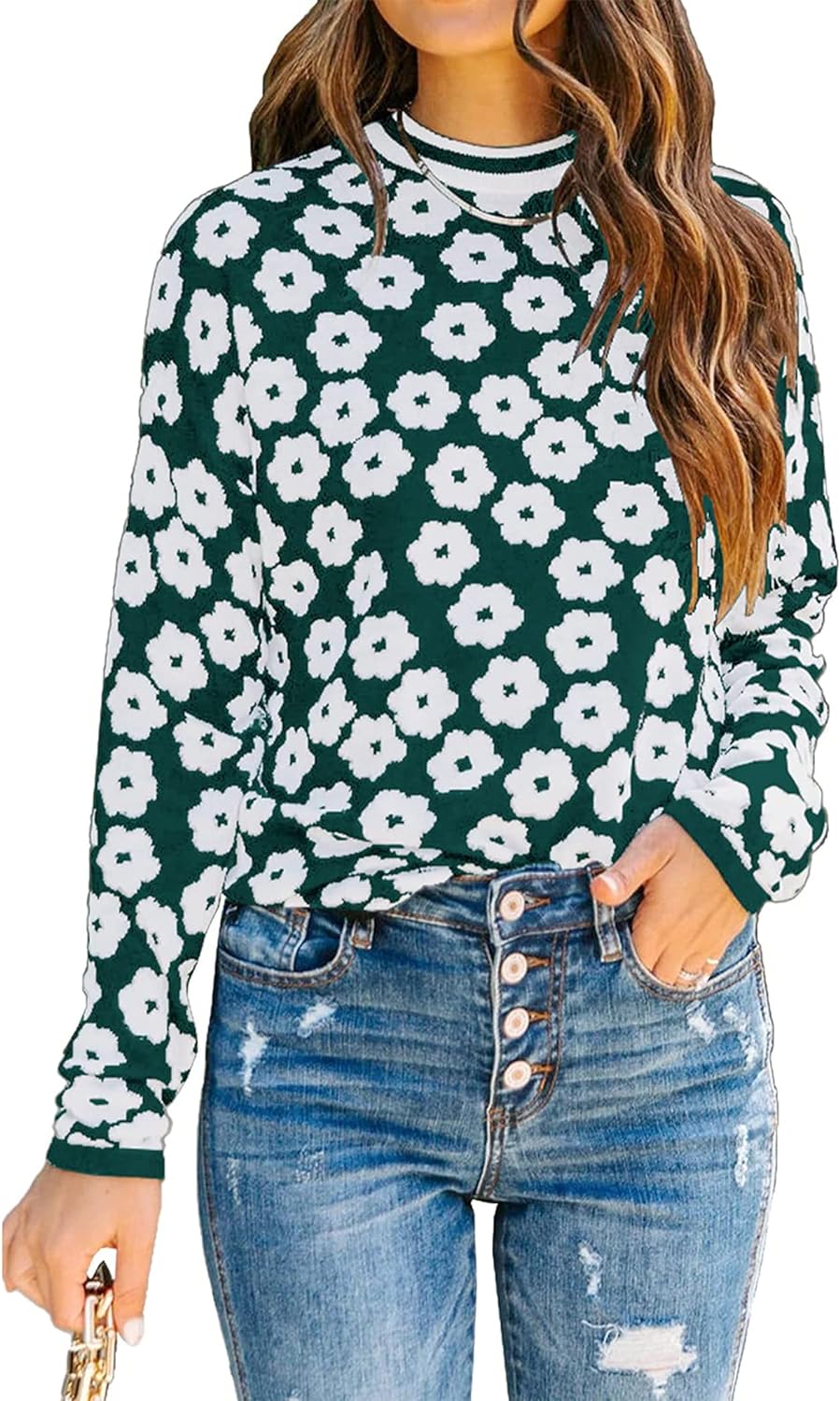 PRETTYGARDEN Women' Knit Sweater Casual Crewneck Long Sleeve Floral Print Lightweight Pullover Sweatshirt