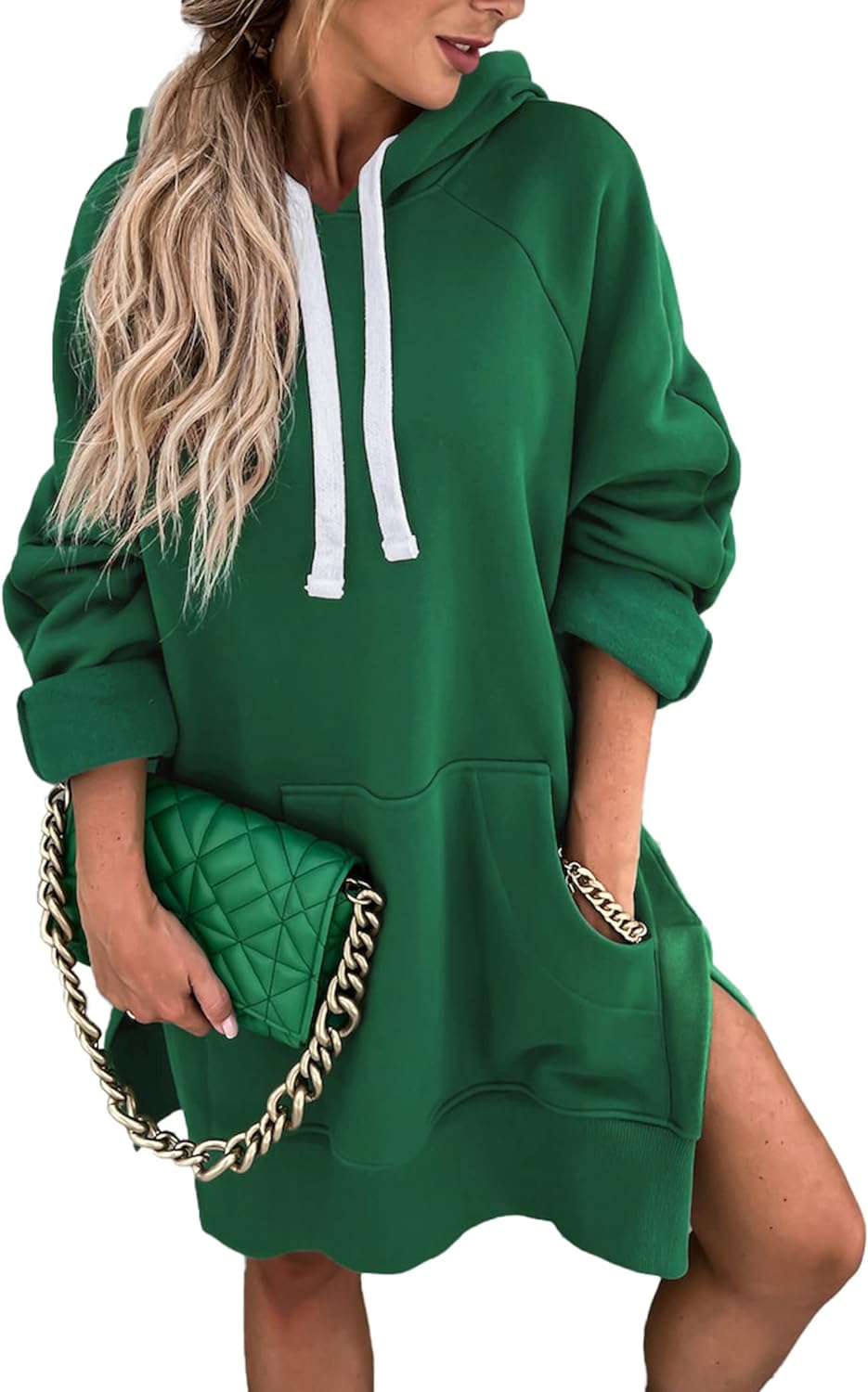 PRETTYGARDEN Women' Casual Pullover Sweatshirt Long Sleeve Split Hem Hoodie Dress with Kangaroo Pocket