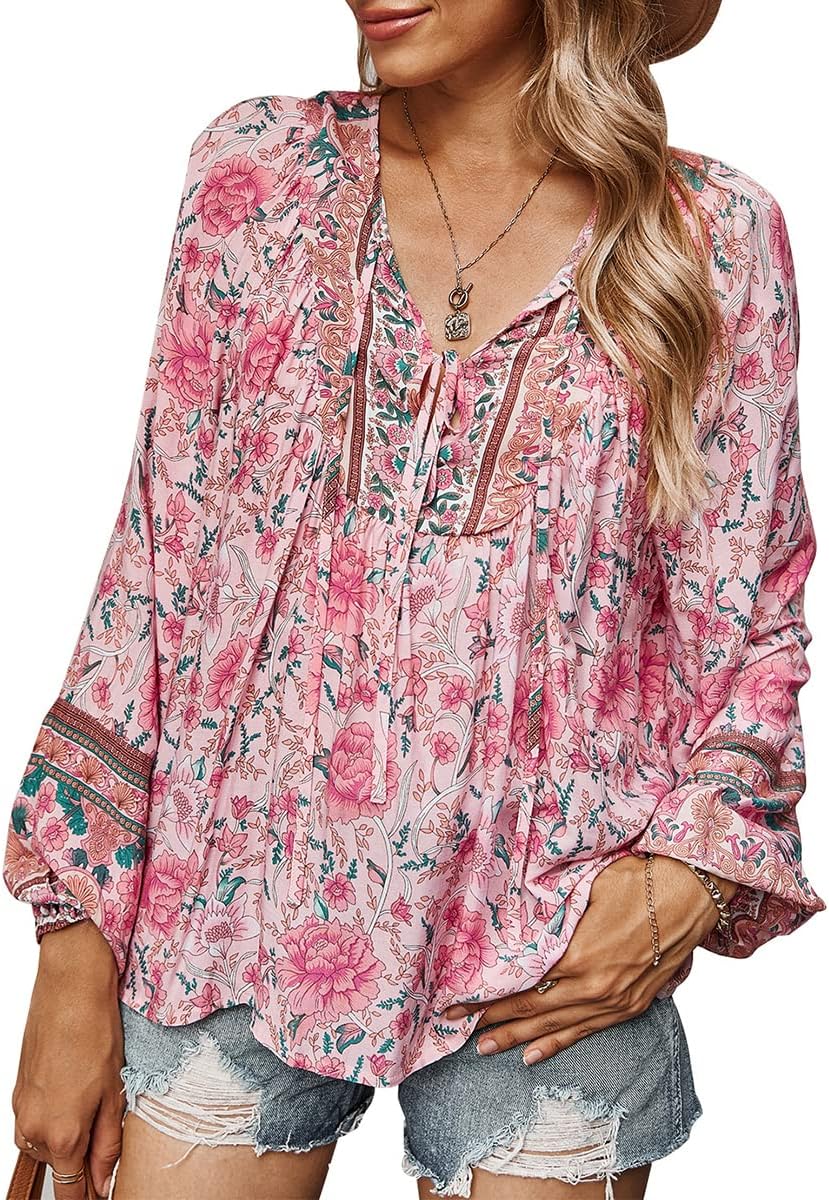 PRETTYGARDEN Women' Floral Ruffled Tunic Blouse Tie V Neck Casual Long Sleeve Babydoll Peplum Tops