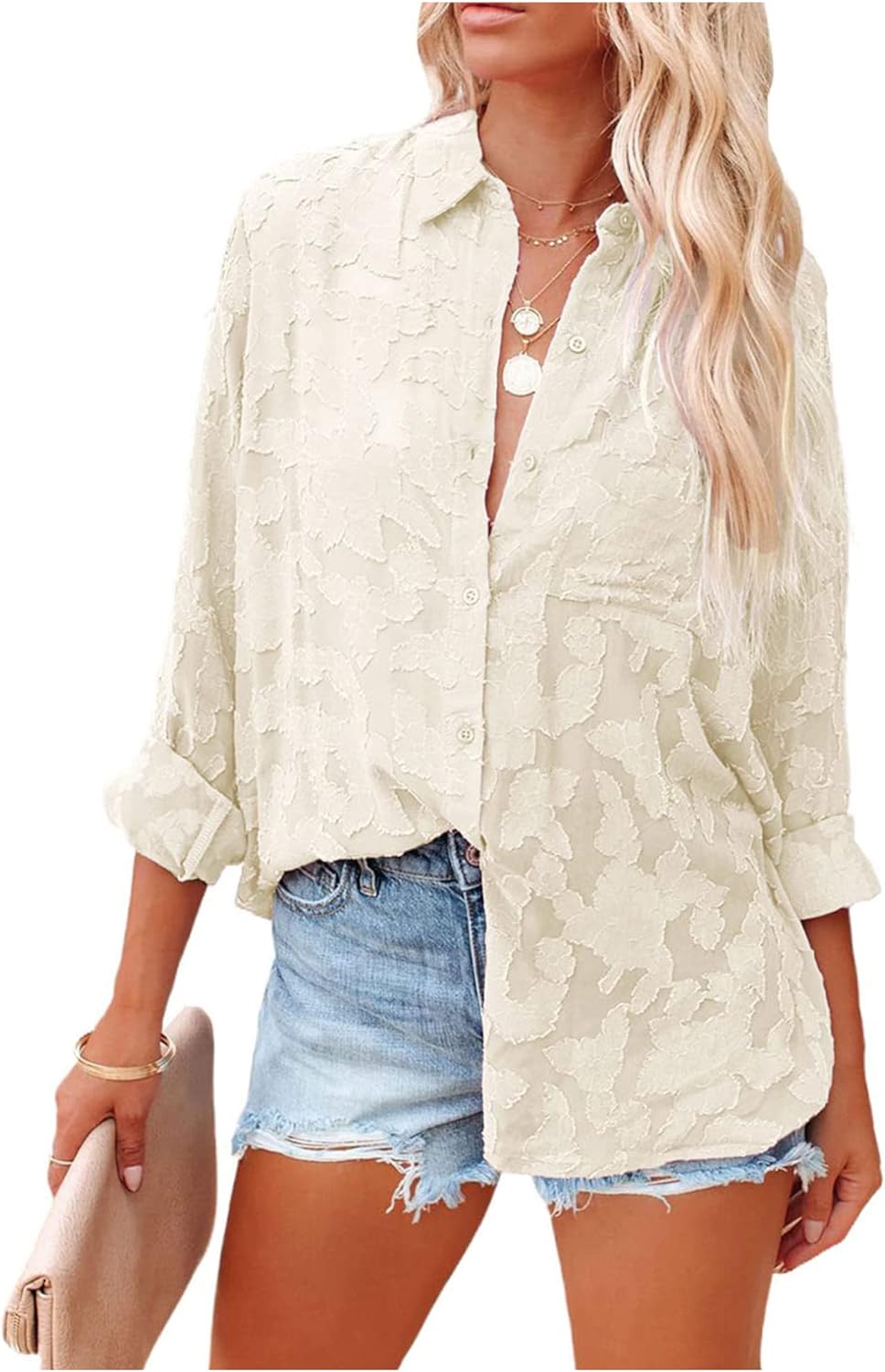 PRETTYGARDEN Women' Chiffon Blouse Solid Color Long Sleeve Button Down Elegant Jacquard Shirts Tops