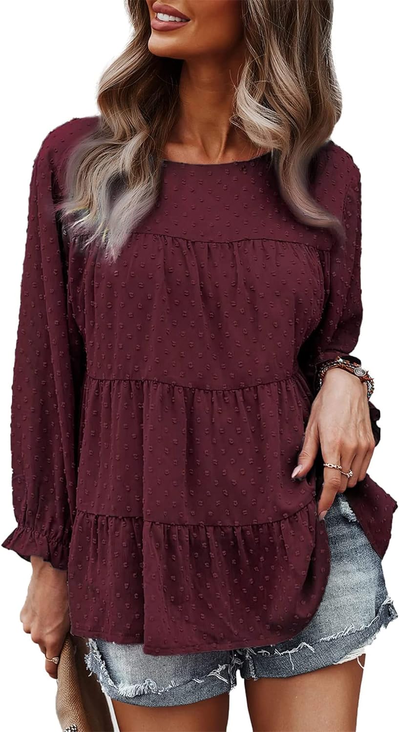 PRETTYGARDEN Women' Summer Loose Chiffon Blouse Mesh Long Sleeve Casual Round Neck Peplum Tops