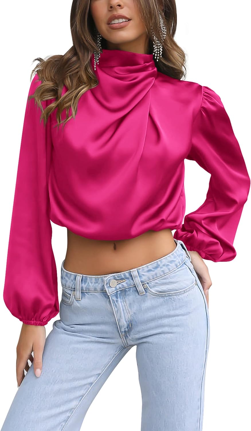 PRETTYGARDEN Women' 2023 Fall Fashion Crop Tops Long Sleeve Ruched Mock Neck Satin Shirt Blouses