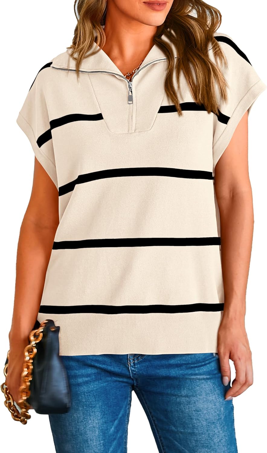 PRETTYGARDEN Women' Casual Striped T Shirts Cap Sleeve V Neck 1/4 Zip Basic Summer Tops Blouse