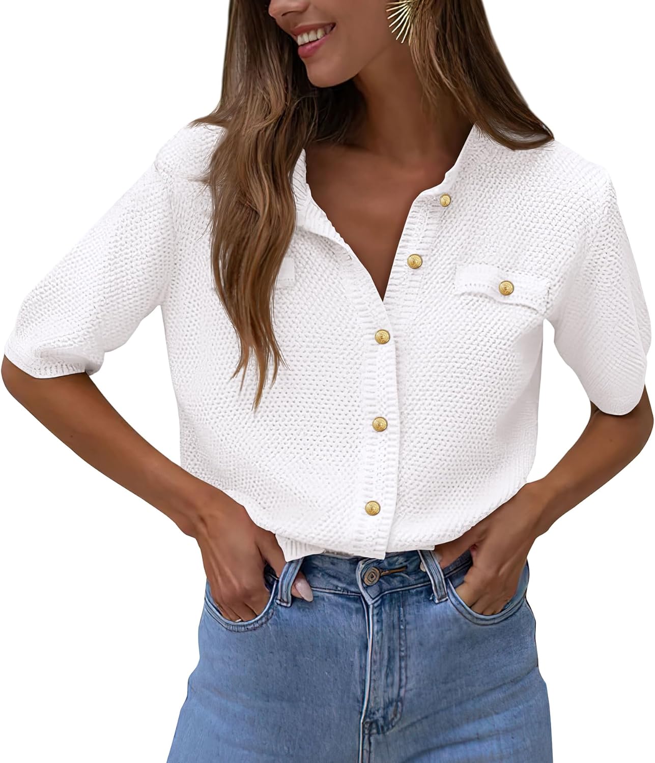 PRETTYGARDEN Women' Summer Button Down Shirts Casual Short Sleeve Crew Neck Ribbed Knit Blouse Top Cardigans