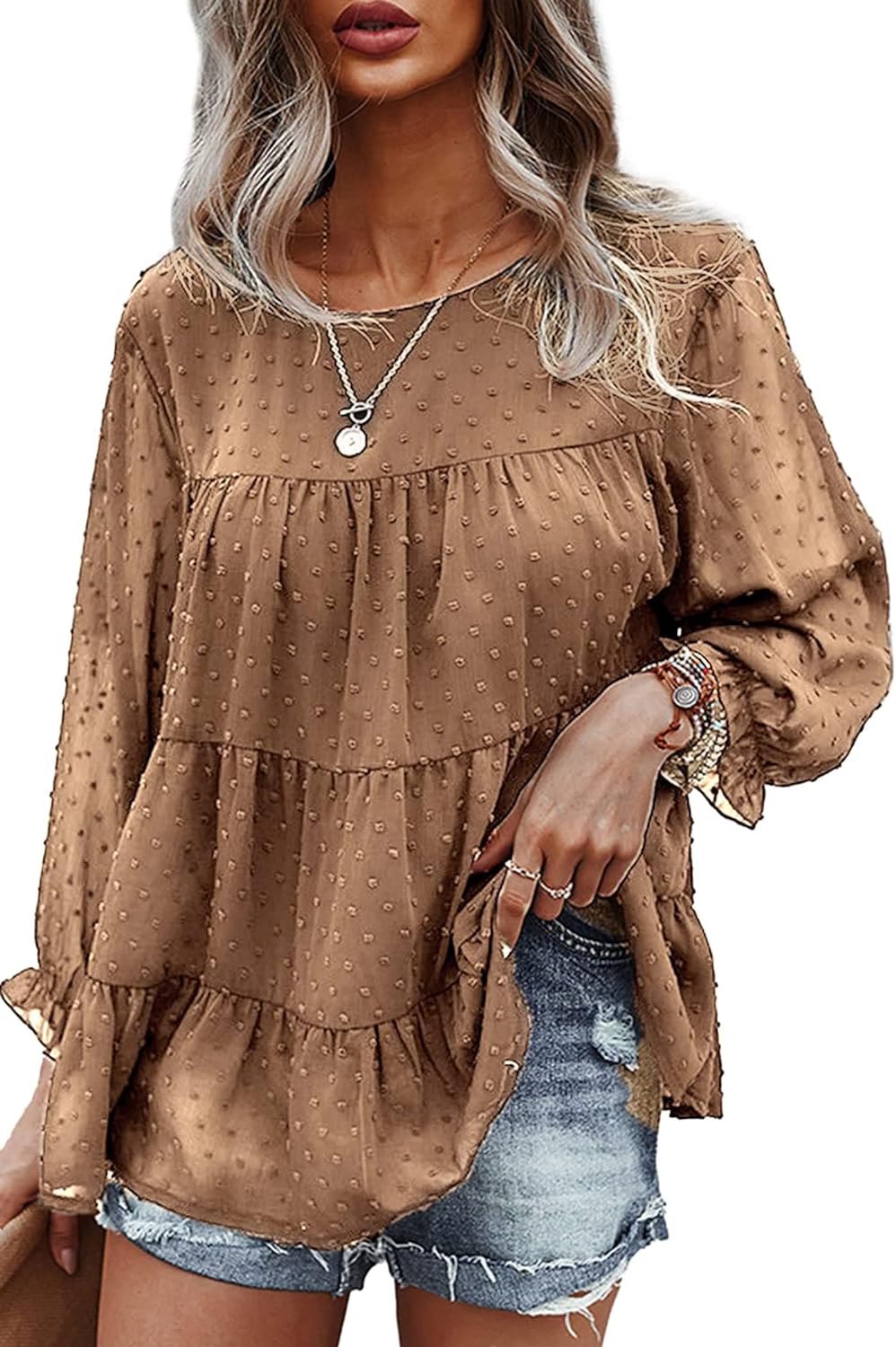 PRETTYGARDEN Women' Summer Loose Chiffon Blouse Mesh Long Sleeve Casual Round Neck Peplum Tops